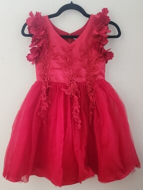 Trish Scully Child Girls Bianca Crimson Floral Appliqué Party Dress